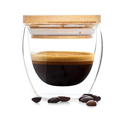 bambuswald Drinking Glass, Double-Walled Coffee Glass Made of Borosilicate Glass - Mug for Cappuccino, iced Coffee+Espresso, Dishwasher-Safe Coffee Cup, Handmade Espresso Cup, 100ml, w/ Bamboo lid Cover