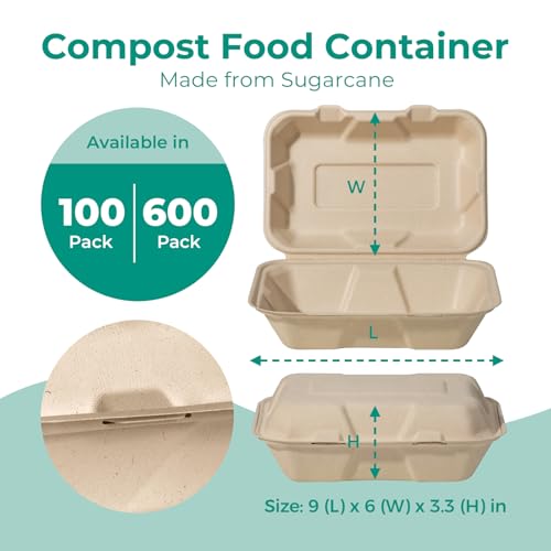 Fit Meal Prep 100 Pack 9x6 Compostable To Go Food Containers, Disposable To Go Boxes for Food, Lunch Boxes, Clamshell Take Out Containers with Lids, Eco Friendly Biodegradable, PFAS-Free, Bagasse