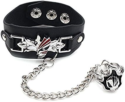 QIroseonly Jewelry Unique Punk Anime Series Wrist Belt Buckle Style Black Pu Leather Cuff Bangle Bracelet Alloy Unisex Bracelet with Ring Cosplay Wristband and Rings (Black5)