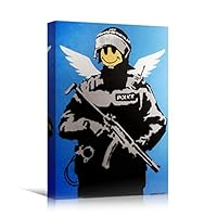 SIGNWIN Framed Canvas Wall Art Banksy Flying Copper Happy Face Print Graffiti & Street Art Famous People Pop Art Modern Urban Multicolor for Living Room, Bedroom, Office - 12x18 inches