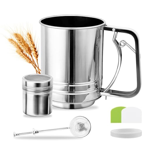 Flour Sifter, Stainless Steel 3 Cup Double Layer Fine Mesh Sifter for Baking, 3 in 1 Powdered Sugar Shaker Duster Set for Baking Cakes, Pastries, Pies, Cupcakes and Desserts