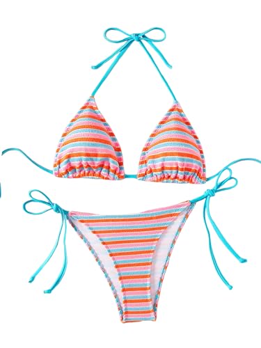 SHENHE Women's 2 Piece Swimsuit Floral Print Halter Tie Side Triangle Bikini Set Blue Pink Orange Stripped Medium