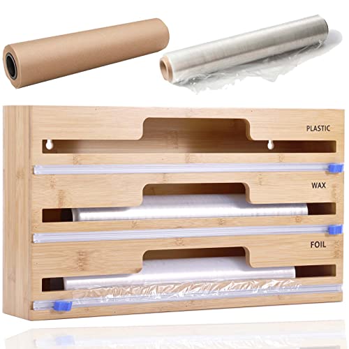 16Inch Aluminum Foil and Plastic Wrap Organizer, Large Plastic Wrap Dispenser with Cutter, 3-in-1 Saran Wrap, Wax Paper , Aluminum Foil Plastic Dispenser Compatible with 15" Roll