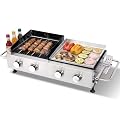 Portable 4-Burner Gas Grill Griddle Combo, Propane BBQ Grill with Cast Iron Grates & Stainless Steel Griddle, Side Shelf & Utility Tray, Grease Management Tray for Outdoor Camping and Patio Cooking
