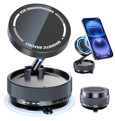 PUUQII Vacuum Magnetic Phone Holder, Suction Cup Phone Mount for Car [80 LBS Strongest Suction & 2400gf Strongest Magnetic] 3s Fast Install, 360 Rotatable Phone Stand for iPhone Android Mirror & Gym