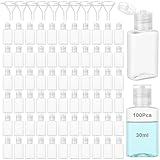 Oqqlin 100 Pcs 30 ml/1 oz Travel Bottles with 10 Funnels, Mini Clear Plastic Empty Bottle with Flip Cap Portable Refillable Containers for Shampoo, Shower Gel, Lotion, Emulsion, Foundation