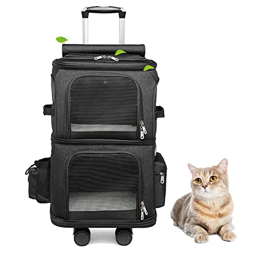 YIYCCOL Sac Transport Chat, Cage a Chat a roulettes, Sac a Dos Double 2 en 1 pour Petits Chats et Chiens, Design Super Ventilé, Idéal pour Les Voyages, la Randonnée, Le Camping (Color : Black)
