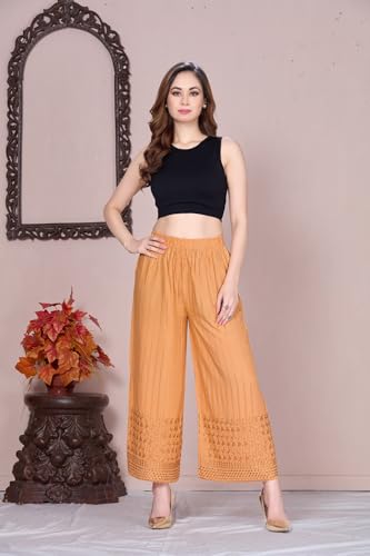 Image of VIVIKA Chikankari Palazzo Pants for Women |Rayon Wide Leg Ethnic Palazo with Embroidery | Comfortable Elastic Waist Women's Palazzo for Casual, Festive & Office Wear