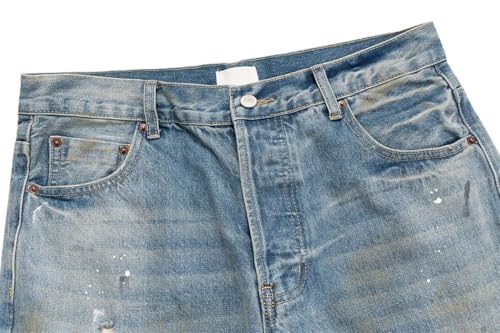 Men’s Splashing Paint Washed Vintage Blue Baggy Jeans, Straight Streetwear Loose Fit Denim Trousers4