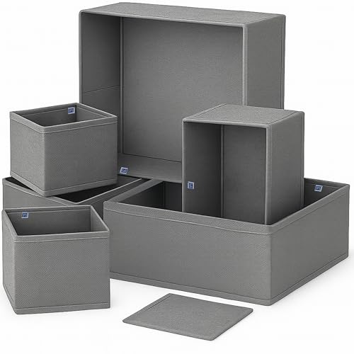 Image of Skrill Non-Woven 6-Piece Foldable Clothing Storage Box Set | Cube Baskets, Bins & Dividers for Closet & Dresser Drawer Organization | Storage for Shirts, Pants, Underwear, Bras, Socks & More (Grey)