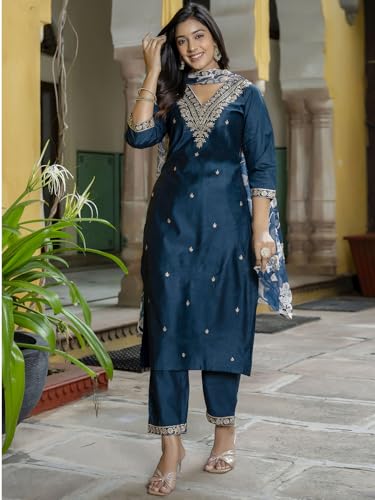 Image of VredeVogel Kurta Set with Dupatta | Embroidered Viscose Rayon Kurta Pant Set for Women | Women's Ethnic Casual Kurti Set