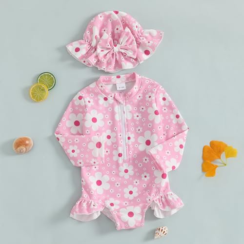 Infant Baby Girl Swimsuit Long Sleeve Zipper One Piece Bathing Suit with Sun Hat Swimwear Toddler Girl Rash Guard3