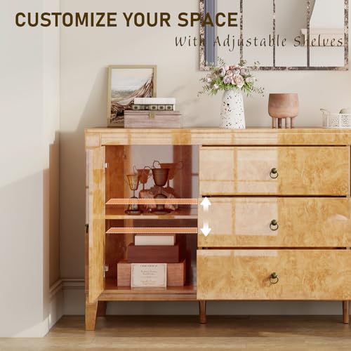 Image of LUXOAK 60 inch Glossy Burl Wood Sideboard Buffet with Storage