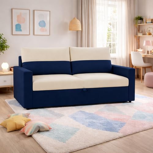 Image of SOCOZI Enrique 2-Seater Pull-Out Sofa Cum Bed | Soft Velvet Suede Fabric, Convertible Sofa Bed for Bedroom (Dark Blue-Cream)