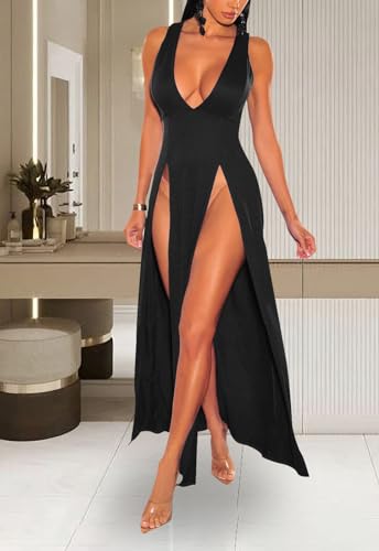 Image of Women's Sexy V Neck Sleeveless High Split Club Party Maxi Dresses