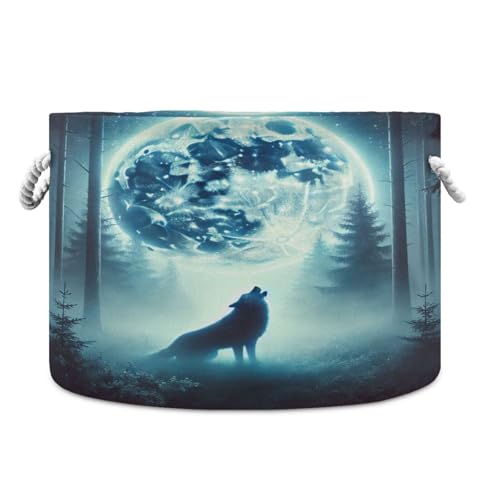 Wolf Moon Dark Blue Storage Basket Large Foldable Toy Blanket Basket Storage Organizer Bin Baby Laundry Basket Hamper with Handle for Home Living Room Bedroom Decor Kids