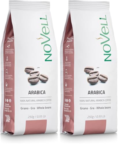 NOVELL - Café en Grano Natural 100% Arábico 250g | Grano Natural para Experiencia Gourmet Premium | Fácil Uso con Válvula Unidireccional | Arábica Sostenible (Paquete de 2)