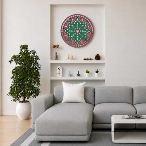 Image of Ethnics of Kutch Traditional Kutch Handicraft Mud-Mirrorwork Lippan Kam Wall Art (Water and Break Resistant) - Round (12 Inch Diameter) - (Greyish Purple LKT-0282)