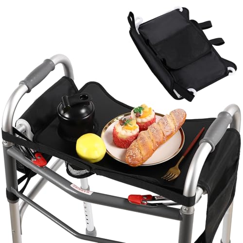 Hook-On Walker Tray, Cup Holder & Tool Free Quick Assembly, Non Slip Mobility Table for Seniors, Multi Functional Removable Tray, Portable Multipurpose Walker Accessories