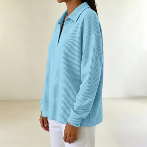 Womens Waffle Knit Collared Shirt Long Sleeve V Neck Pullover Top | Waffle Shirts for Women, Loose Fit Tops, Long Sleeve Blouses, Casual Fall Shirts, Everyday Layering, Womens Fall Fashion 2026 - image 9