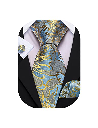 Image of Barry.Wang Flower Ties for Men Silk Woven Floral Tie Sets Necktie Handkerchief Cufflinks Wedding Party