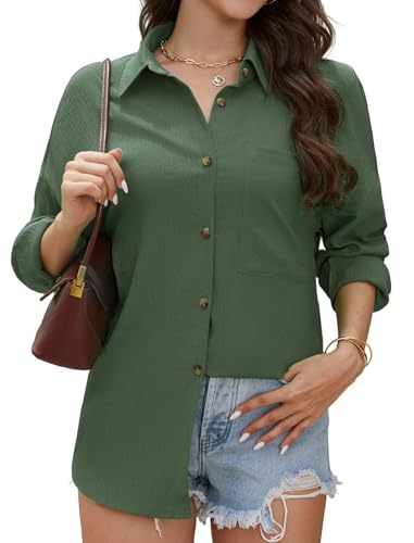 Stamain Hemd Armeegrün Damen Bluse Langarm Sommer Lässig Hemdbluse Leicht und Luftig Damenblusen Oversized V-Ausschnitt Einfarbig Oberteil Longbluse mit Brusttasche für Büro Business Größen S