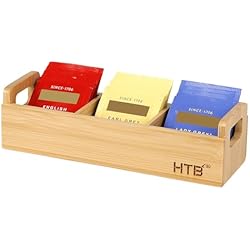 HTB Small Tea Bag Holder, Bamboo Tea Organizer 3 Compartments for Beverage Suppliers, Sugar, Sweeteners, Individual Packets, Portable Tea Bag Organizer for Home Kitchen Counter or Office