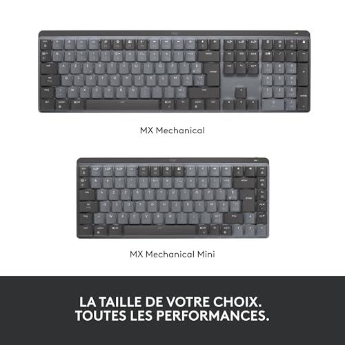 Logitech MX Mechanical Clavier sans Fil Rétroéclairé Performant, Boutons Tactiles Silencieux, Rétroéclairage, Bluetooth, USB-C, macOS, Windows, Linux, iOS, Android, Métal, Français AZERTY - Gris