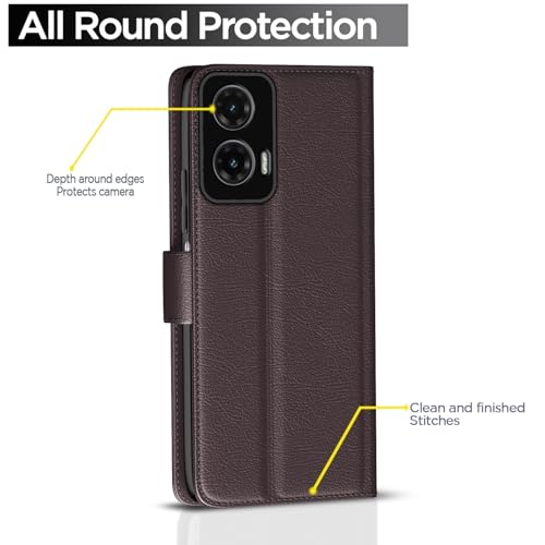 Image of Pikkme Flip Cover Leather Finish | Inside TPU with Card Pockets | Wallet Stand and Shock Proof | Complete Protection Button Flip Case for Moto G35 5G(Coffee)