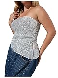 SweatyRocks Women's Plus Size Sequin Sparkly Tube Top Asymmetrical Strapless Ruched Tops Going Out Bandeau Tops Silver X-Large Plus