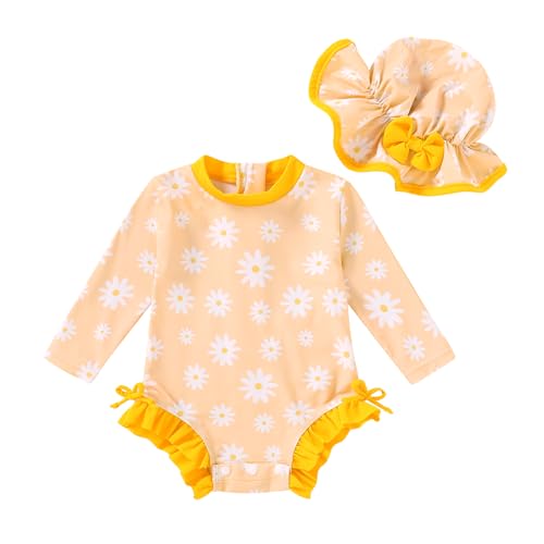 YOUNGER TREE - Infant Baby Swimsuit Girl Long Sleeve UPF 50+ Sun Protection One-Piece Rash Guard with Hat Zipper Bathing Suit (Yellow Floral,0-3 Months) (5% Off Amazon Deal)