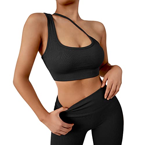 Suuksess Women One Shoulder Seamless Ribbed Sports Bra Adjustable Padded Workout Crop Tops (Black, M) #TOP4