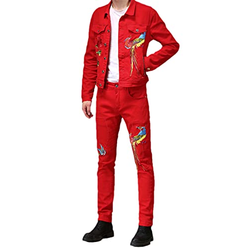 Ensemble veste et jeans homme broderie Phoenix rouge Haitpant veste 3xl pantalon 36