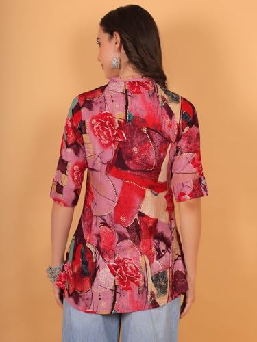 Image of FIMS - Fashion is my style Rayon Abstract Printed Short Kurti for Women, Tunics Tops, Ethnic Wear for Office, Flared, Mandarin Collar V Neck, Roll-Up Sleeves, Summer Wear, Ideal Gift for Girls