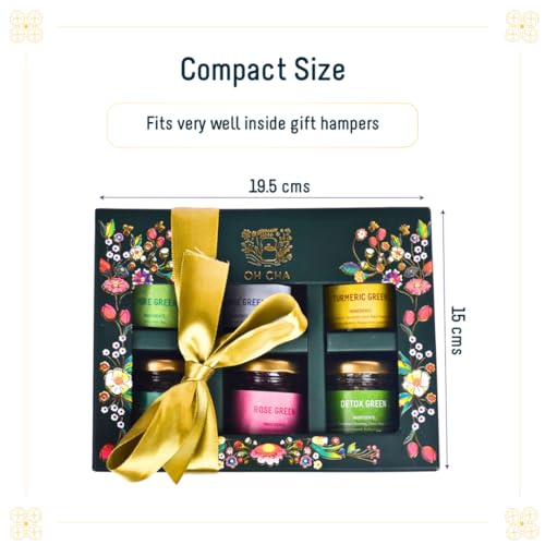 Image of OH CHA - Green Tea Gift Box | Assorted Tea Gift Set with 6 Exquisite Flavors | Whole Green Tea Leaves | Festive Box, Teas Gift Hamper | Wedding Gift | Festive Celebrations Gift | 6 Wellness Teas for everyday | Diwali Gift for Clients, Employees