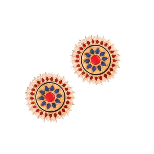 JWELLA Traditional Hand Crafted Light Gold Plated and Round Shape Blue Kundan and Red Enamel Circular Stud Earrings With Moti Pearls for Women and Girls (1Pair)