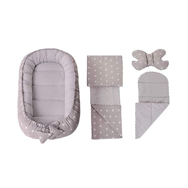 Medi Partners 5 teilig Babynestchen Set Babynest 100x60x15 herausnehmbarer Einsatz Bett Kuschelnest Krabbeldecke Babys Neugeborene 100% Baumwolle (Graue Sternen mit Grauen Minky) – Bild 3