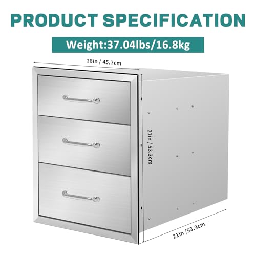 Image of Outdoor Kitchen Drawers 18 inch W x 21 inch H x 21 inch D Stainless Steel Drawer BBQ Triple Drawers with Chrome Handle for Outdoor Kitchen Island, Patio Grill Station