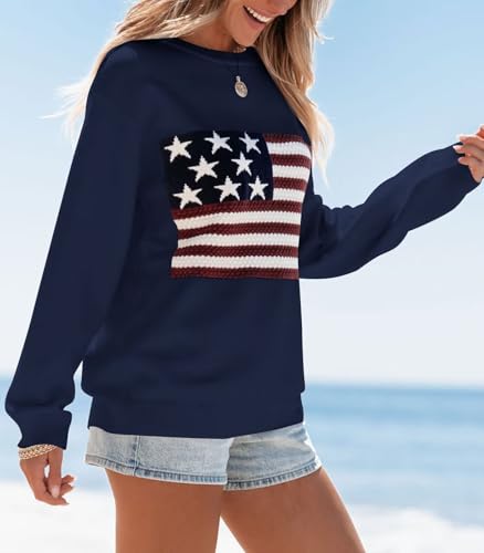 BONITEE Womens American Flag Sweaters Casual Long Sleeve Crewneck Pullover USA Graphic Print Soft Loose Knit Sweater3