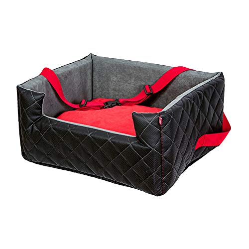 Exclusive Hunde Autositz | Autositz für Hunde, Katzen, Haustier | Rückbank, Beifahrersitz | Hundebett, Hundetasche | Kunstleder | Farbe: Schwarz/Rot | Große: L (57x50 cm)