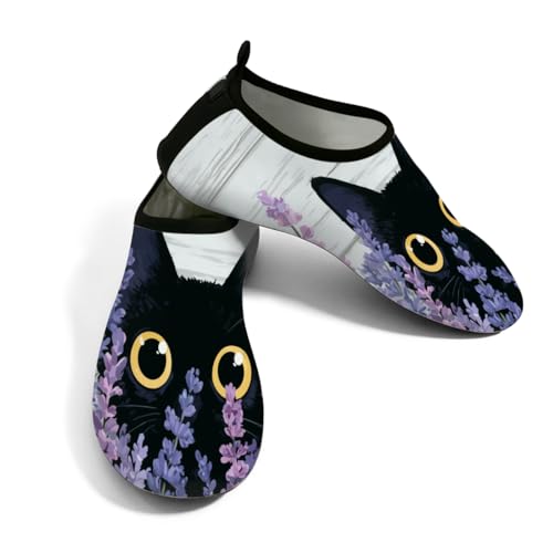 Zapatos de agua para mujeres y hombres, de grano de madera, lavanda, lindos zapatos de playa, calcetines de natación de secado rápido, Lindo gato lavanda de grano de madera, 37.5/38.5 EU