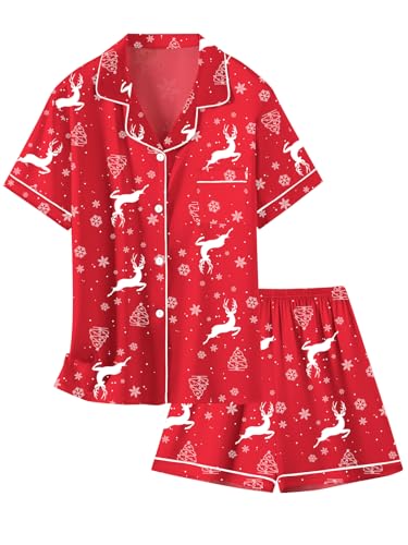 Image of Schbbbta Girls Womens Pajamas, Satin Silky Pjs Set Kids 2Pcs Button-Down Nightwear Sleepwear Gift for Mommy and me