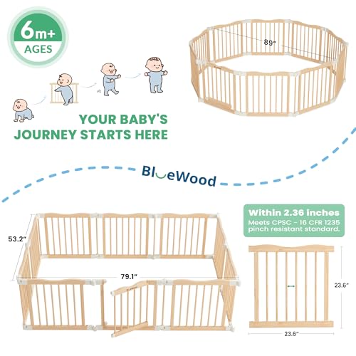 Image of Foldable Wooden Playpen - Adjustable Wood Baby Play Yard with Door, Indoor Large Safety Fence for Babies and Toddlers - Easy Assembly, Natural, 79 x 53 x 24 inches