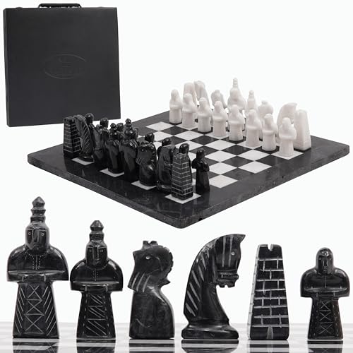 Radicaln Marble Antique Chess Set with Storage Box 15 Inches Black and White Handmade Board Game 2 Player Classic Chess Sets for Adults- 1 Chess Board & 32 Chess Pieces - Chess Game