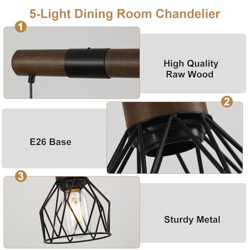 Vbitmn B037 5-Light Kitchen Island Lighting, Farmhouse Linear Dining Room Light Fixture/Chandelier Over Table, Matte Black Rustic Wood Ceiling Pendant Light Fixtures thumb #5