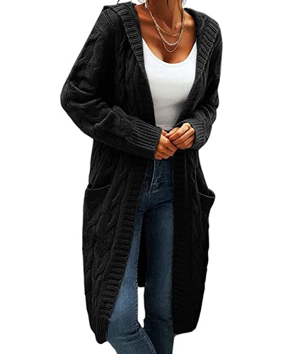 GeGekoko Strickjacke Damen mit Kapuze Langarm Grobstrick-Cardigan Open Front Sweater Herbst Winter Casual Strickcardigan Pullover mit Taschen