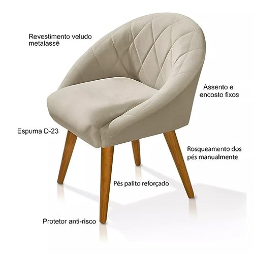 Poltrona Para Sala De Jantar Decorativa Escritório Estofada Veludo Suede Bege Pés Palito