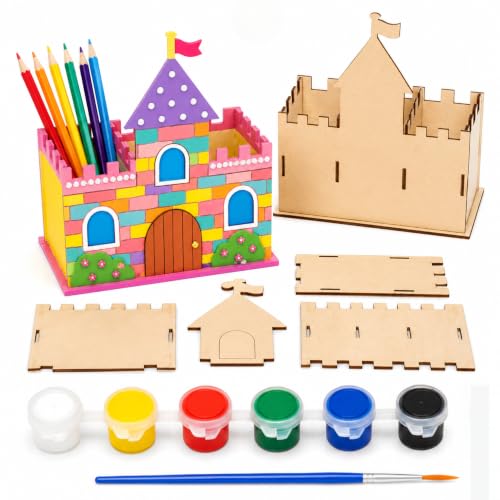 Image of DIY Wooden Castle Pen Holder Kit for Kids, Castle Craft Kit, Activity Kit, Paint Your Own Castle, DIY House Making Kit, Wooden Craft Set with Paints, Art & Craft Toy, Ages 3+, School Project