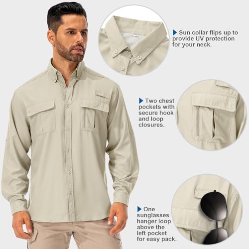 Asfixiado Hemd Herren Safari UPF50+ UV Schutz Wanderhemd Herren Langarm Funktionshemd Outdoorhemd Atmungsaktiv Schnelltrocknend Casual Button Down Shirts(Light Khaki L)