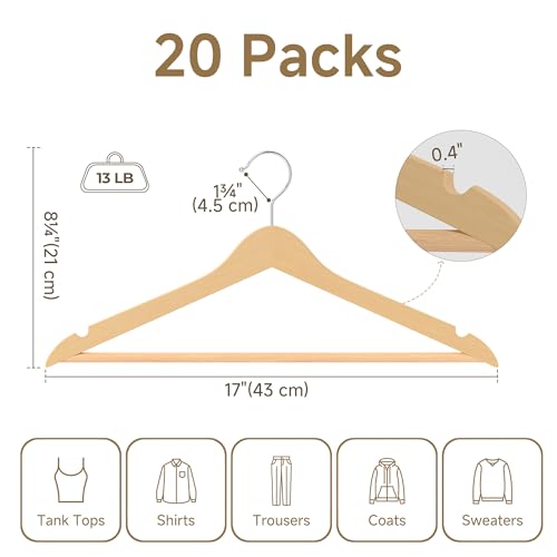 StorageWorks Clothes Hangers, Wooden Hangers 20 Pack for Closet, Wood Hangers for Coats, Shirts, Jackets, Pants, Suits, Natural Wood Color - Image 2